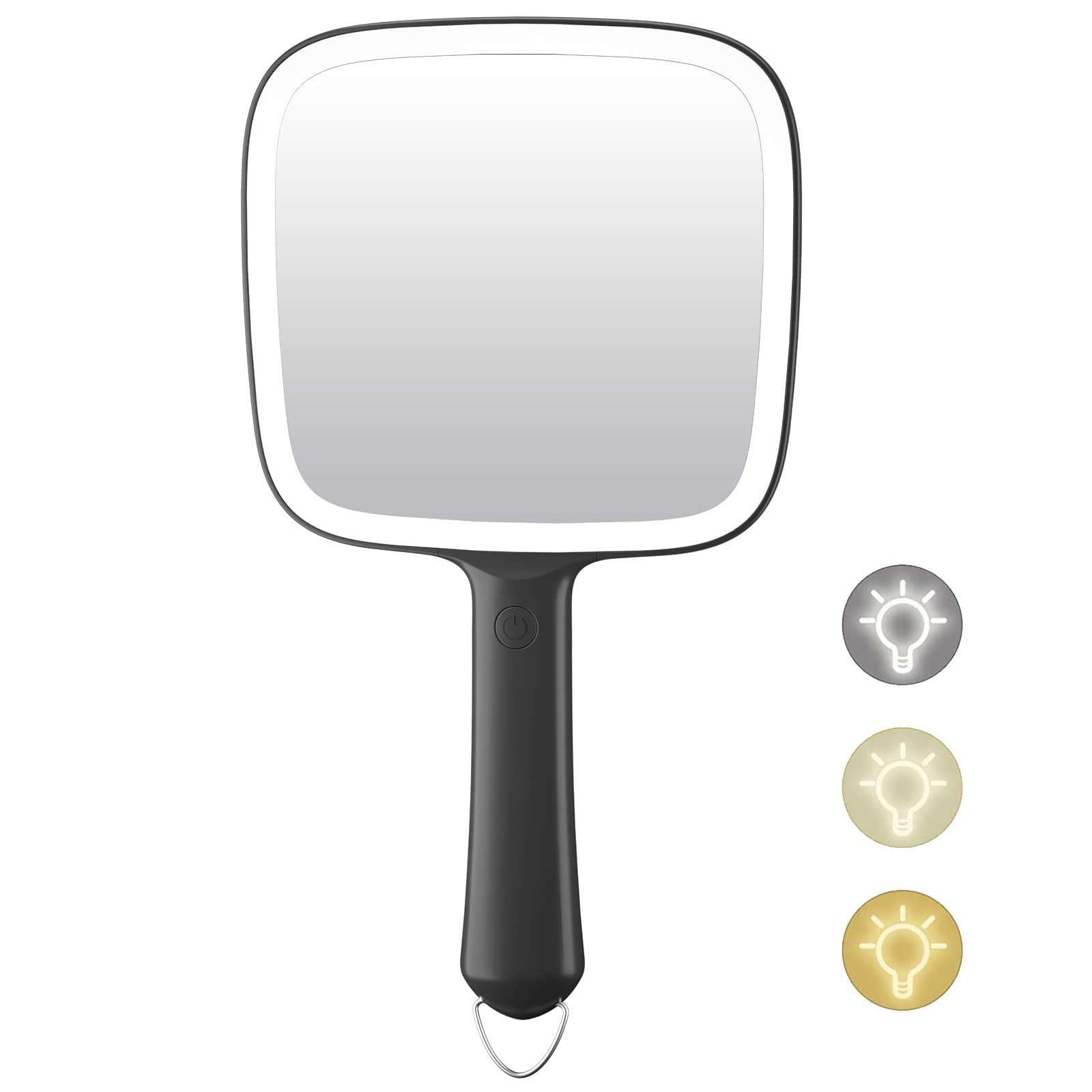 Famihomii hand mirror with 3-color LED lighting for precise makeup viewing.