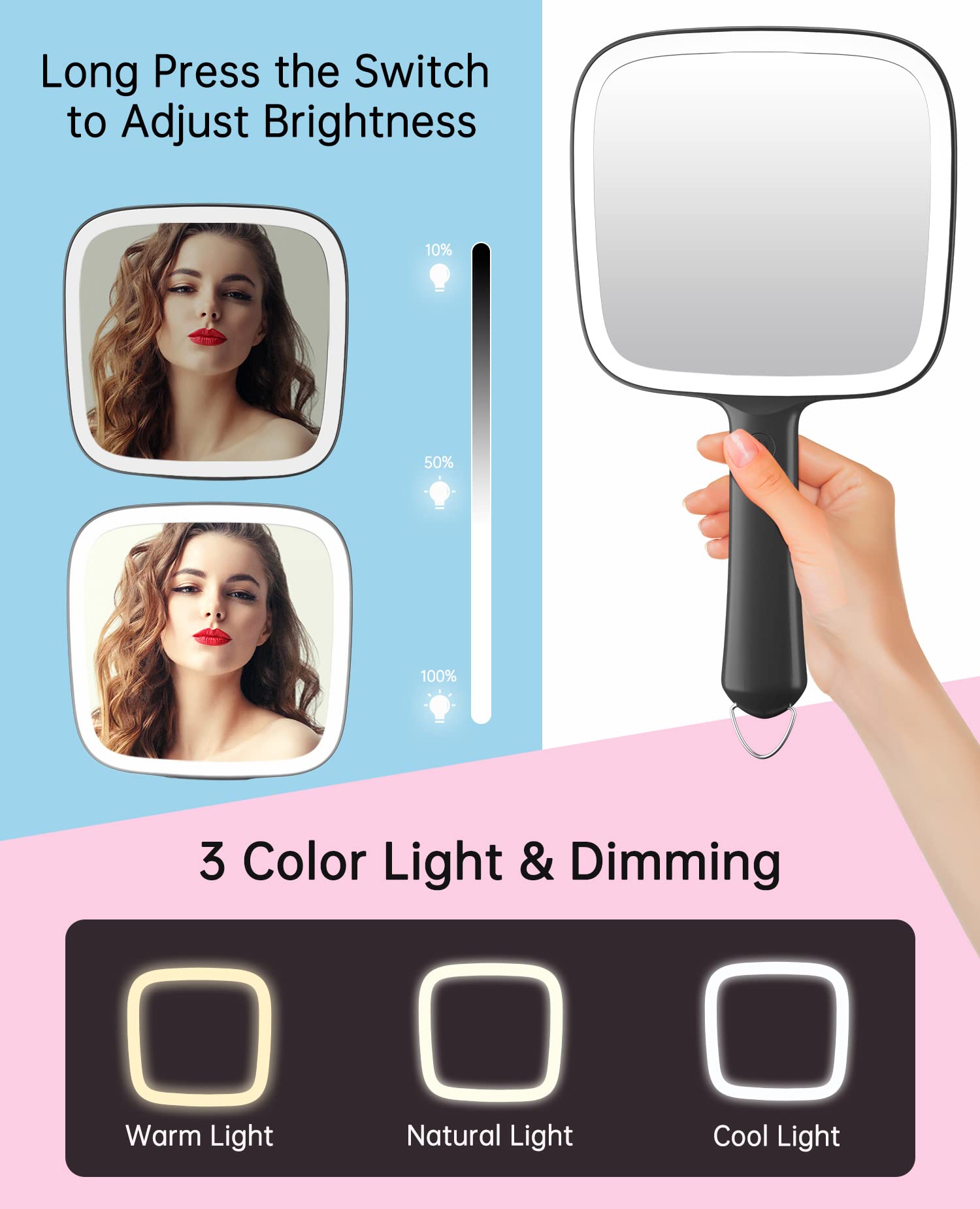 Famihomii portable LED mirror with handle for easy grip during grooming.