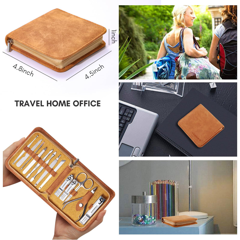 FAMILIFE brown leather travel case shown for on-the-go nail care.