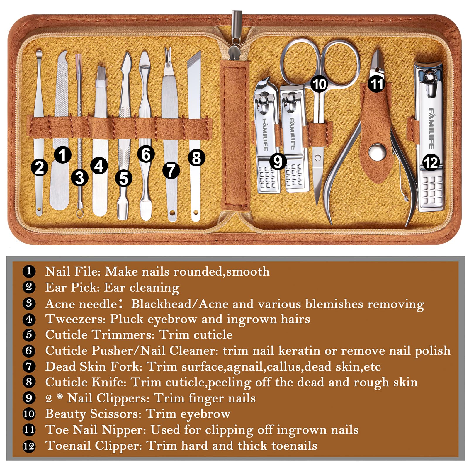 FAMILIFE multi-function grooming tools bundle covers nails, cuticles, and brows.