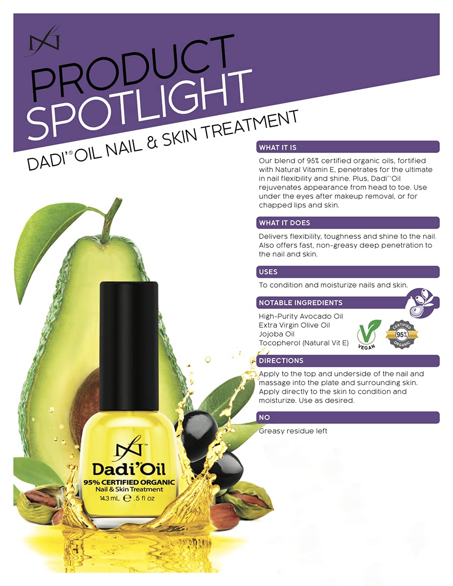 Dadi Nail Cuticle Skin Oil empaque destaca ingredientes naturales y vida útil.