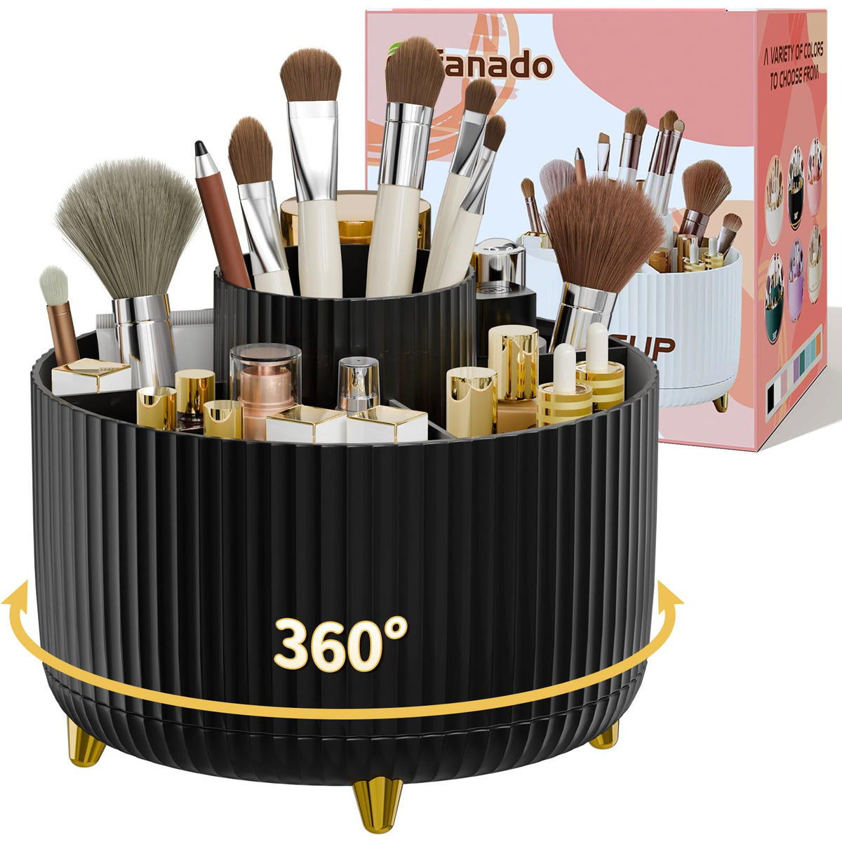Fanado 360° rotate makeup brush holder showcasing easy access to brushes and tools.
