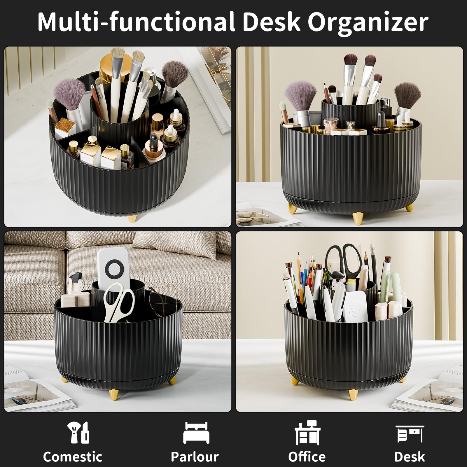Fanado stylish black organizer with gold feet adds elegance to any desk.