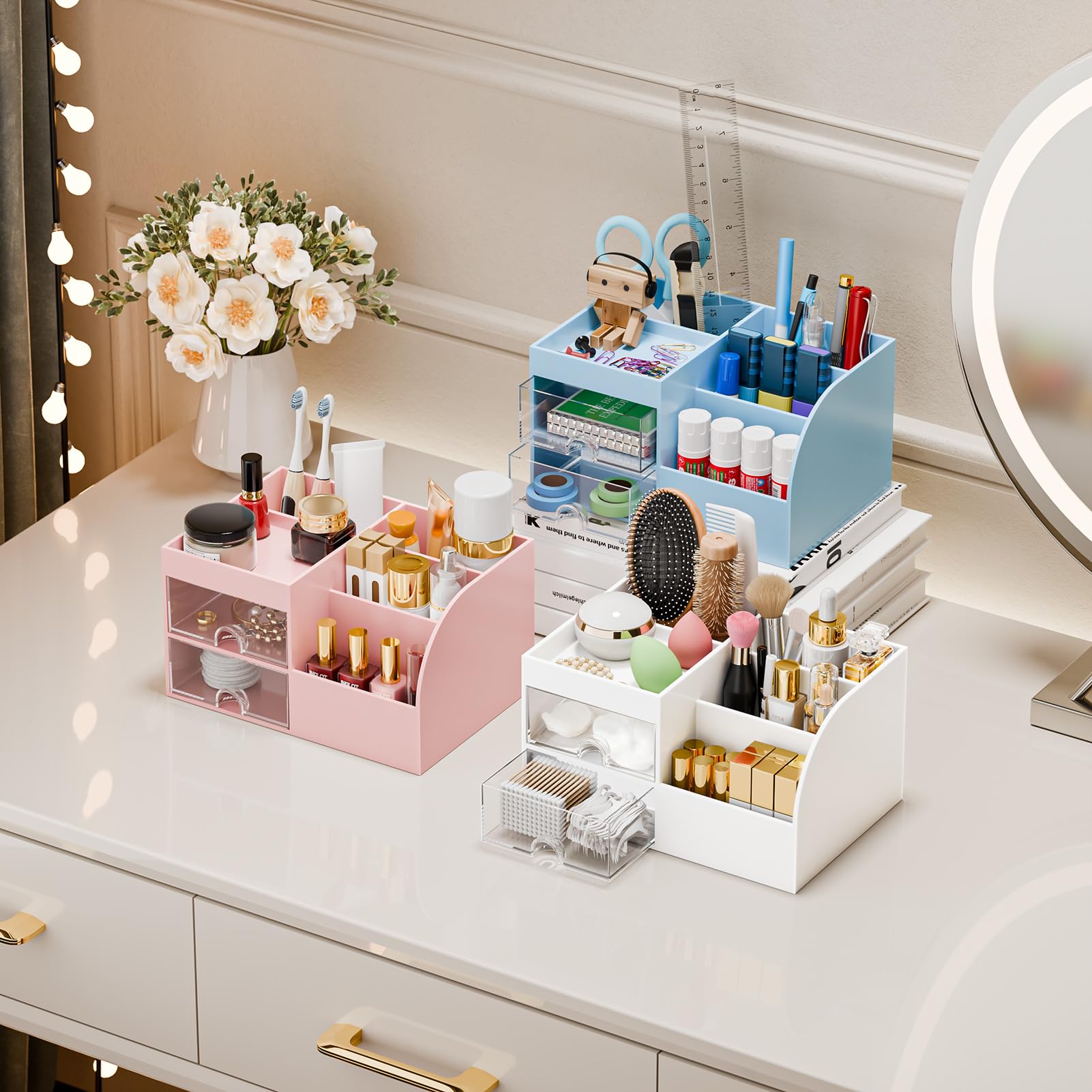 Fanado makeup organizer with brush holder for skincare routines within reach