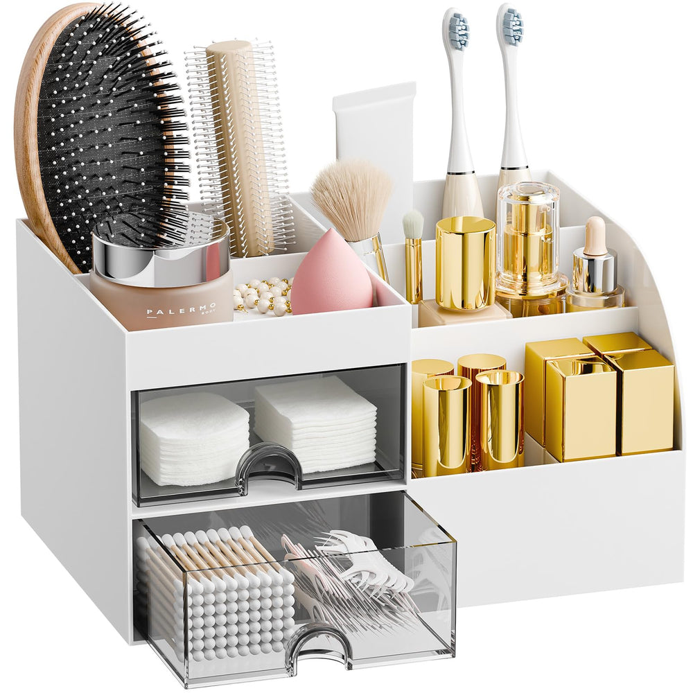 Fanado makeup organizer with two drawers and top tray for easy daily cosmetics access