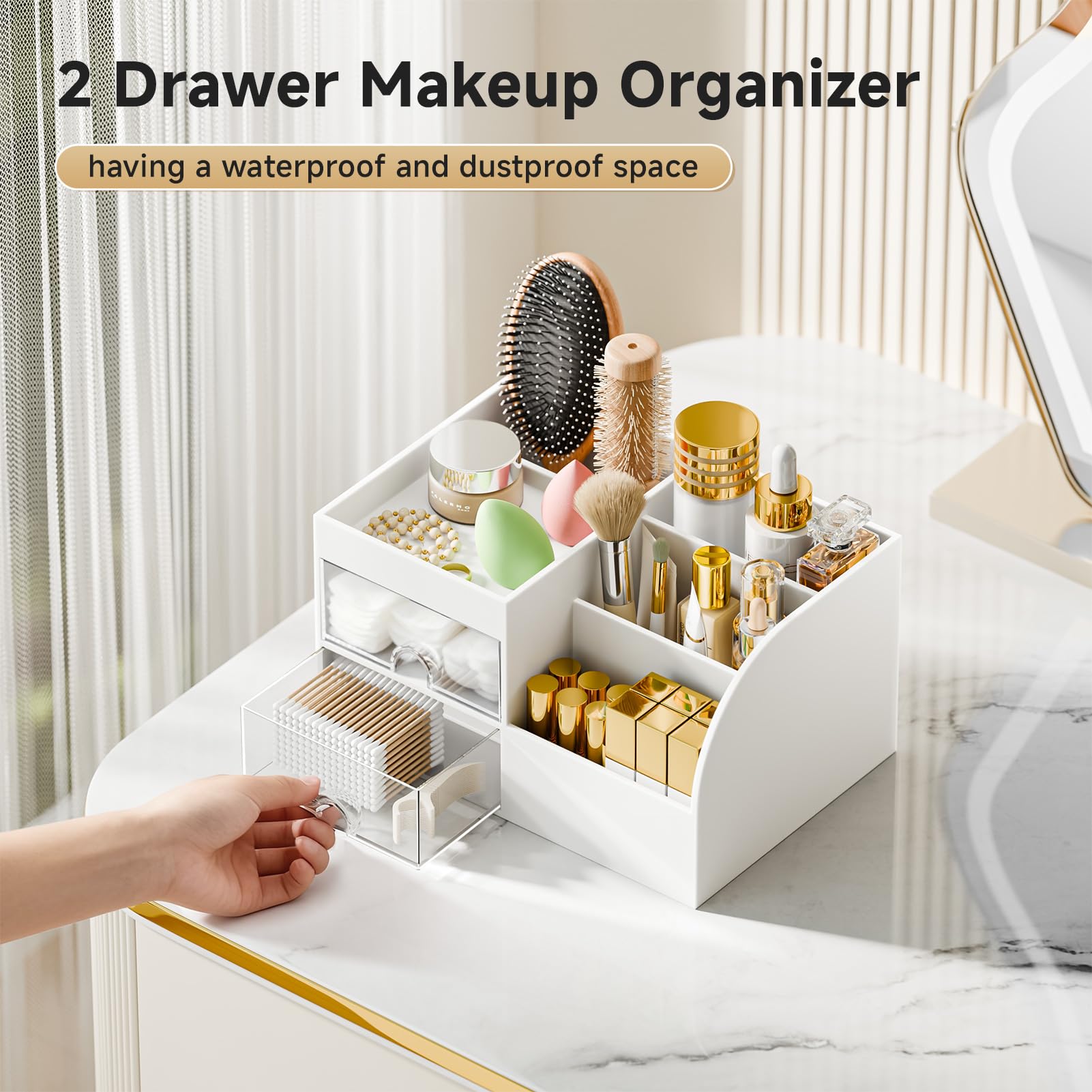 Fanado white makeup organizer with smooth edges for safe desk setup
