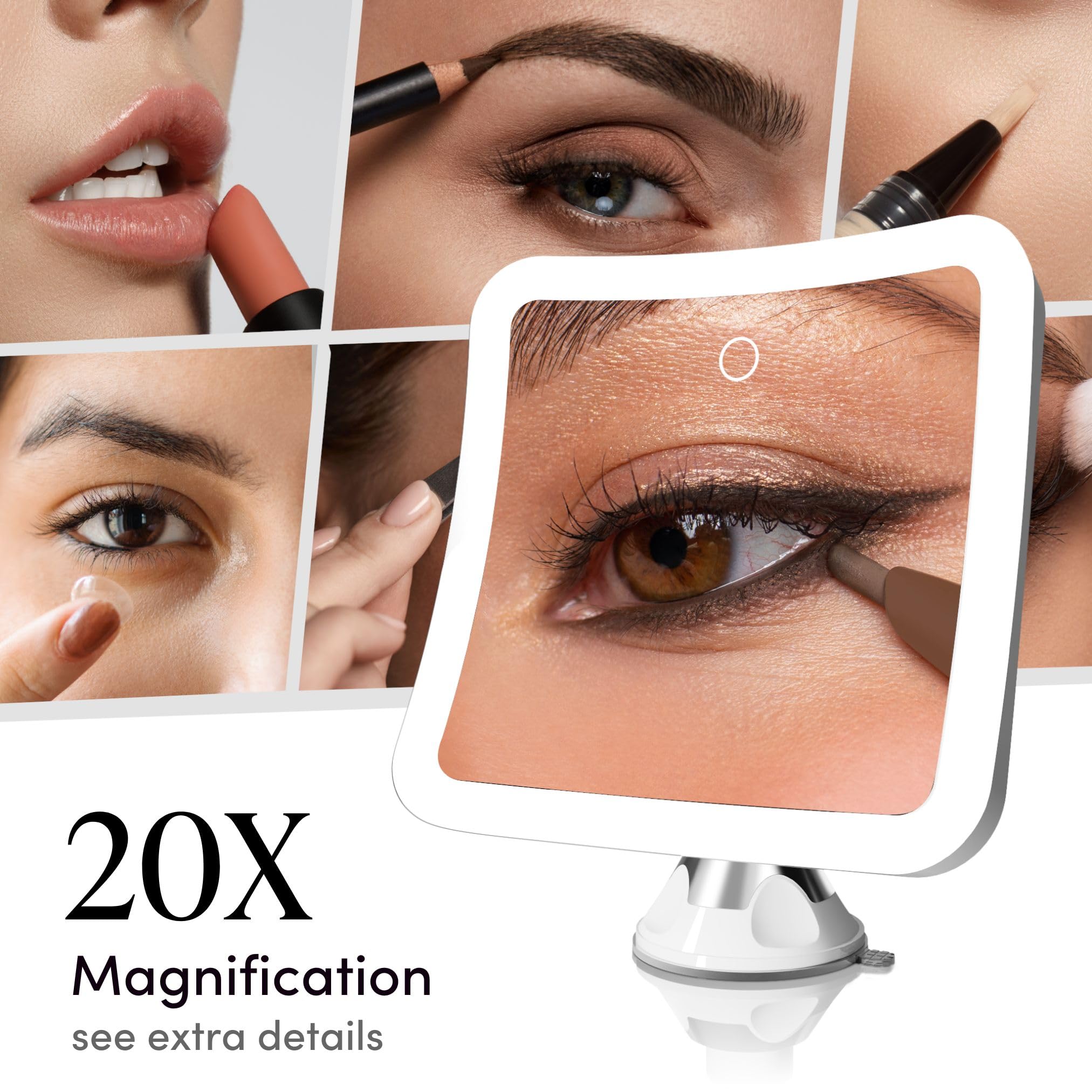 Fancii 20x magnifying mirror with lights on for even facial illumination.