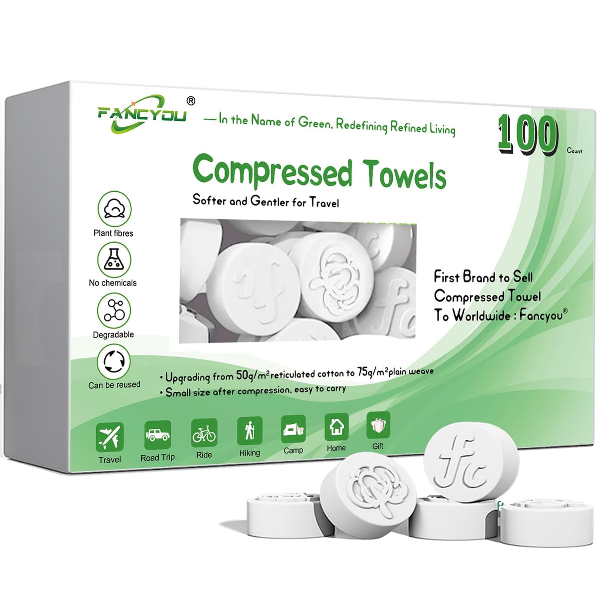 Fancyou compressed towel coin sealed, travel-ready and easy to carry.
