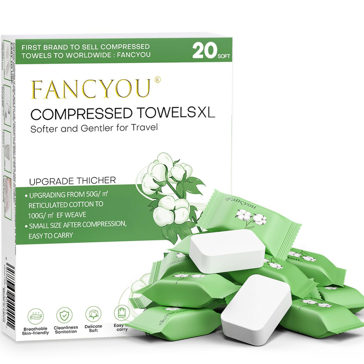 Fancyou toallas comprimidas compactas para viaje, limpieza rápida y suave.