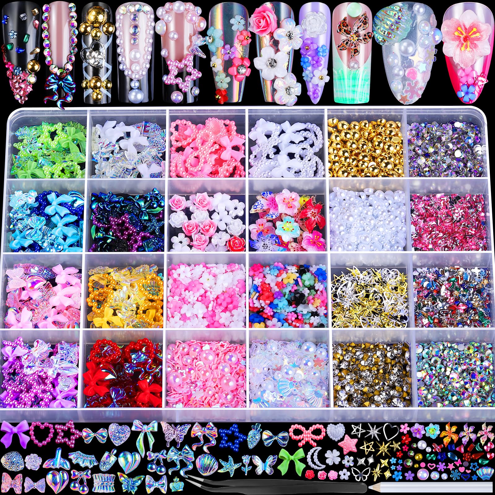 Fandamei 24-grid nail charms with heart and butterfly shapes for versatile designs