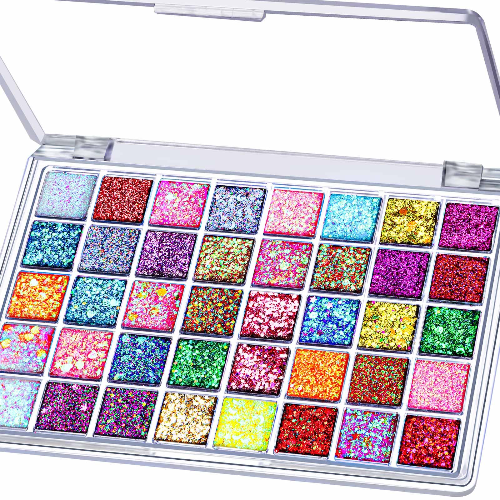 Fandamei 40-color glitter palette; vibrant face pigments for bold festival looks.