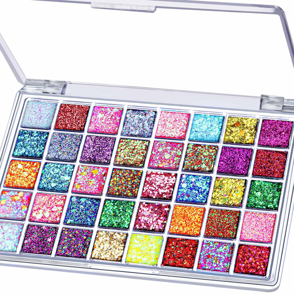 Fandamei 40-color glitter palette; vibrant face pigments for bold festival looks.