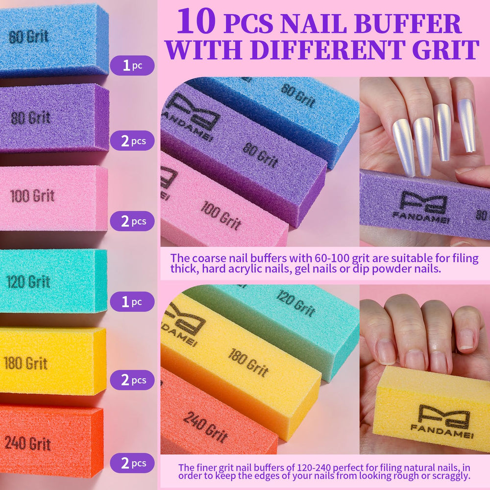 Fandamei coarse-grit buffers demonstrate 60, 80, and 100 grit for thicker nails.