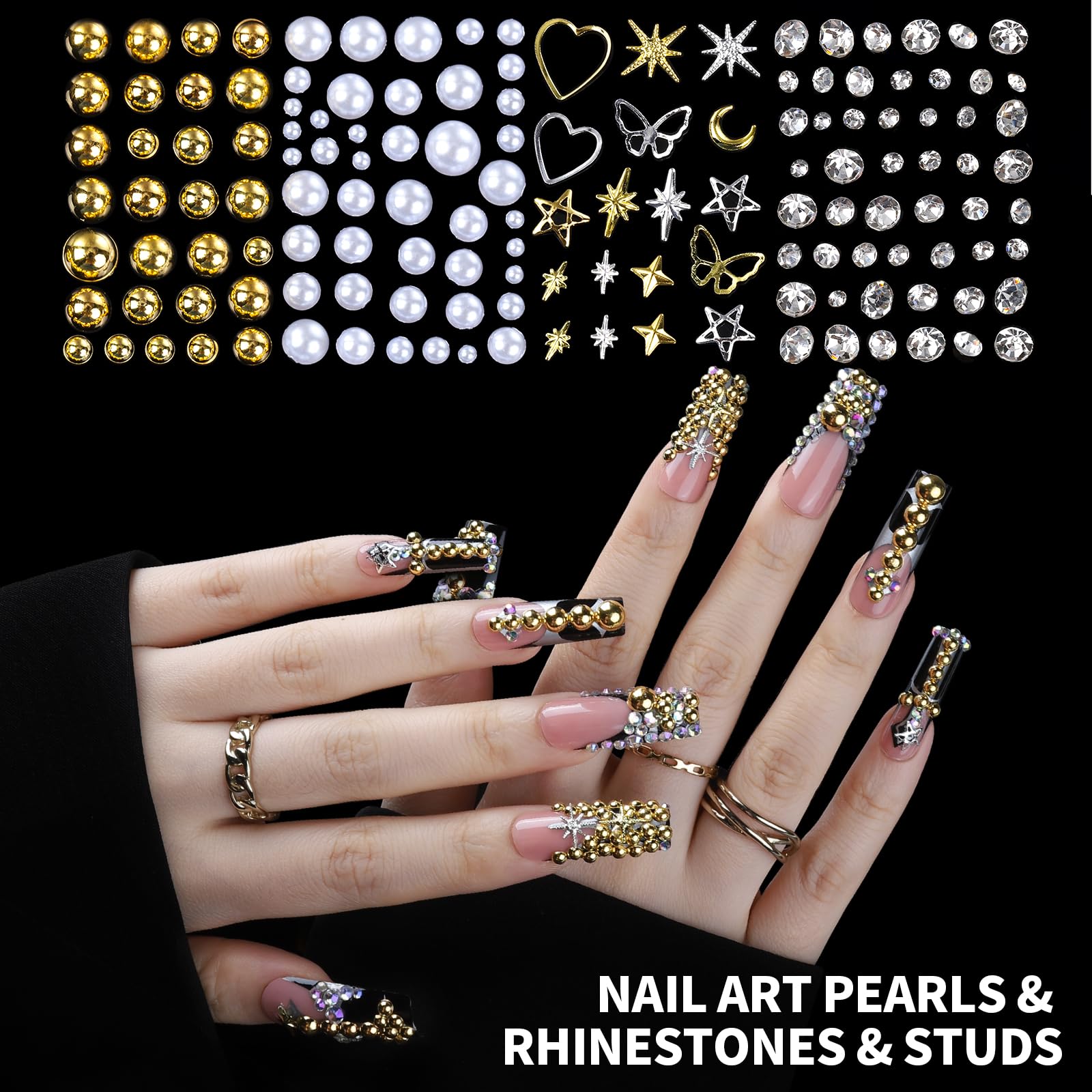 Fandamei white-gold half-pearl nails and matching gold studs