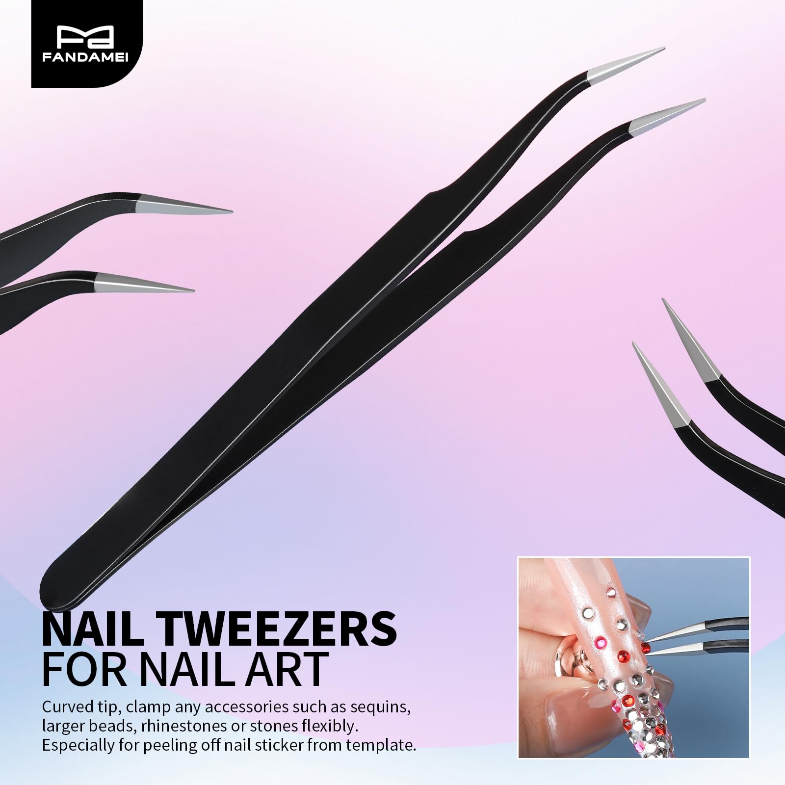 Fandamei nail art tweezers grip beads and rhinestones precisely.