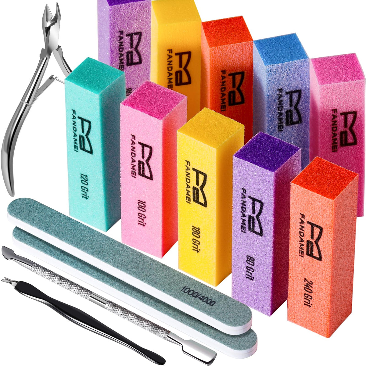Fandamei nail buffer block set showing all ten pieces for versatile use.