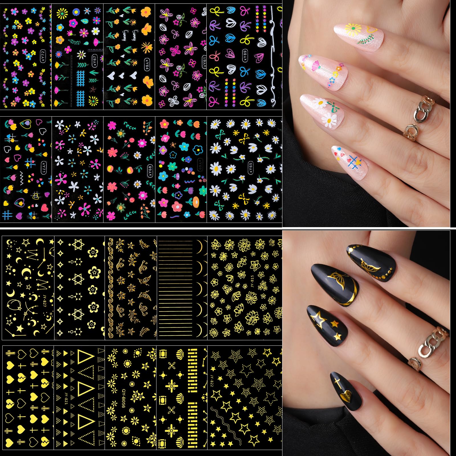 Fandamei nail charms and gems adding metallic accents.