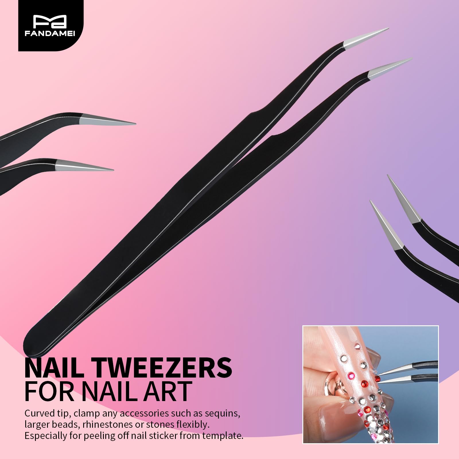 Fandamei nail tweezers with curved tip grip beads and rhinestones securely.