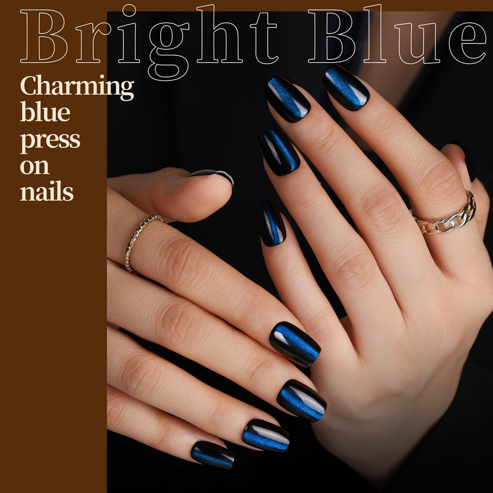 Fandamei cat eye blue nails for vibrant statement manicure.