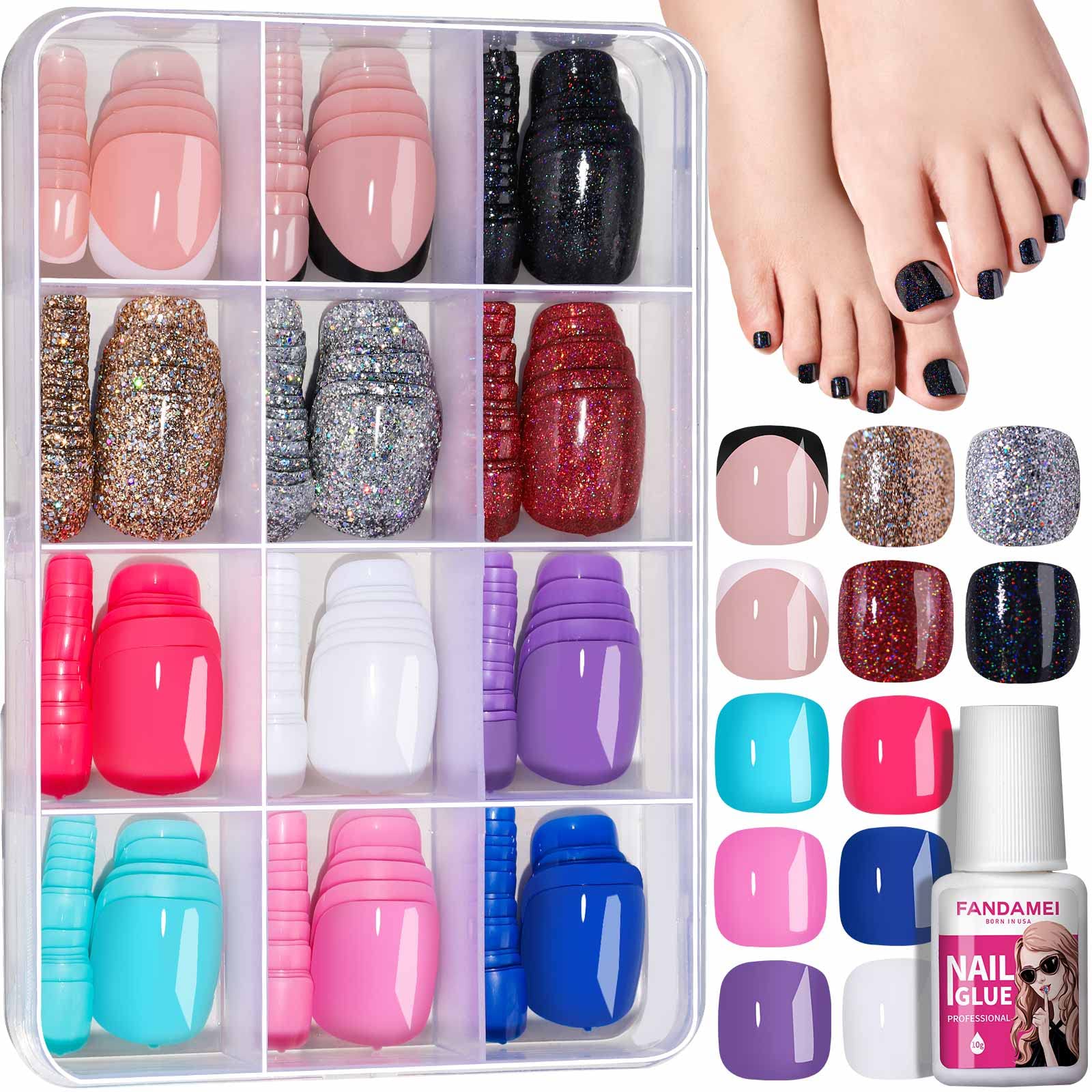 Fandamei press-on toe nails in 12 colors and 3 styles for versatile, quick nail looks.