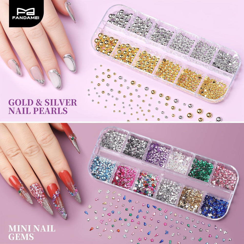 Fandamei white AB rhinestones boxes for versatile nail decoration.