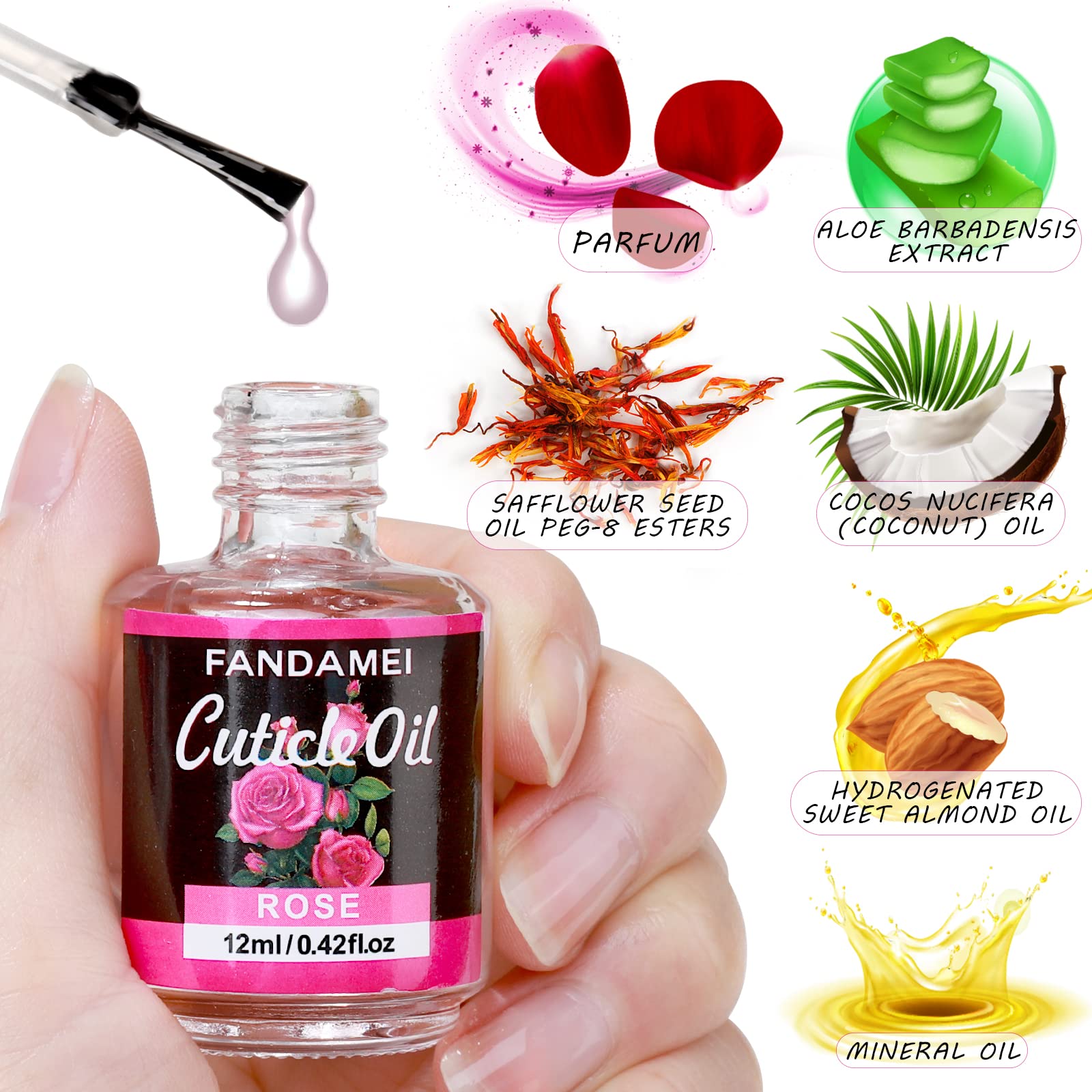 Fandamei rose-cuticle-oil nourishes nails and cuticles with vitamins.