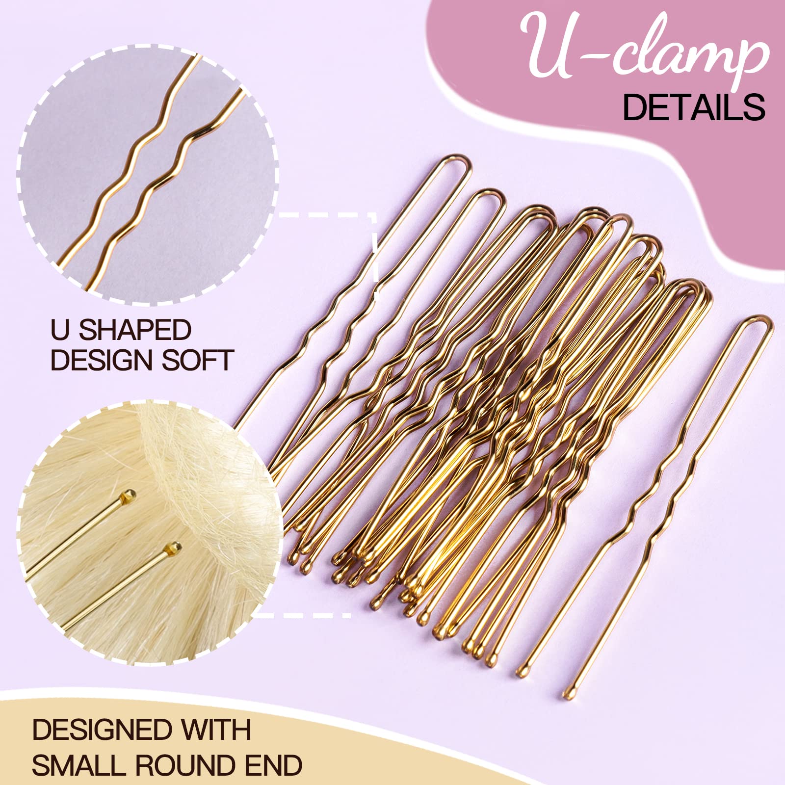 Fandamei gold U-shaped pins with ball ends protect scalp.