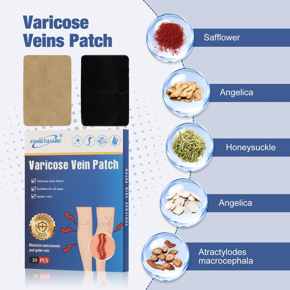 Fangtaiabc varicose veins patch showcasing natural herbal extracts for ongoing comfort.