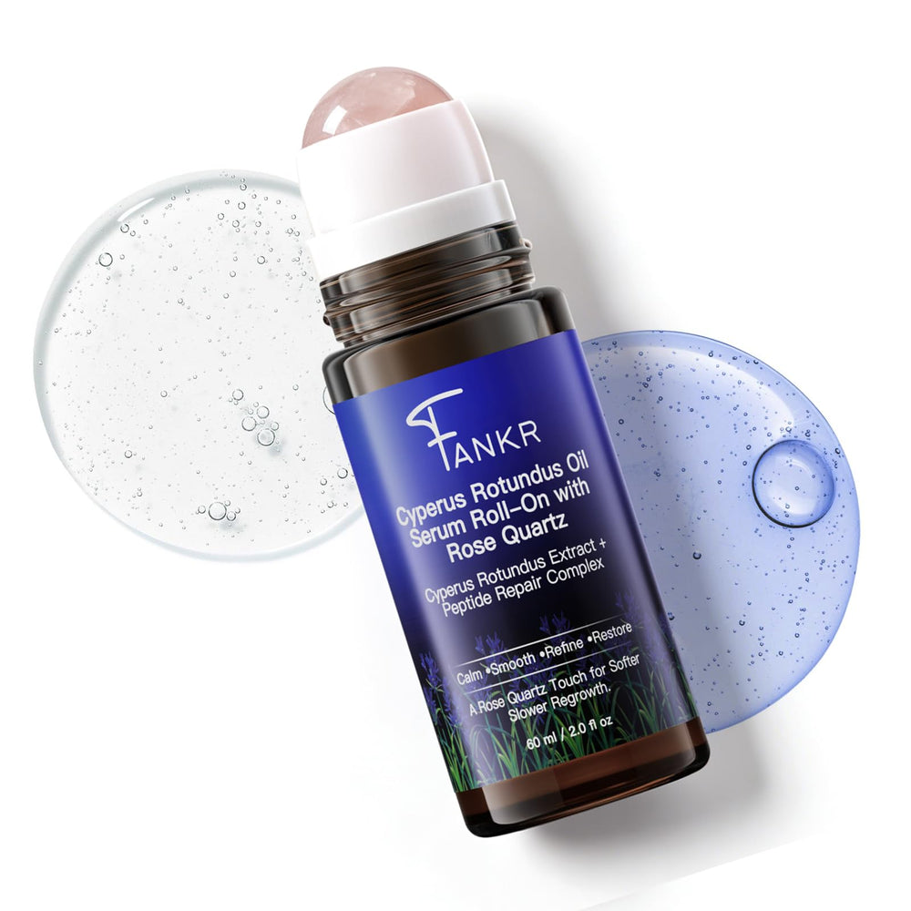 Fankr Cyperus Rotundus Oil Serum rose quartz roller close-up.