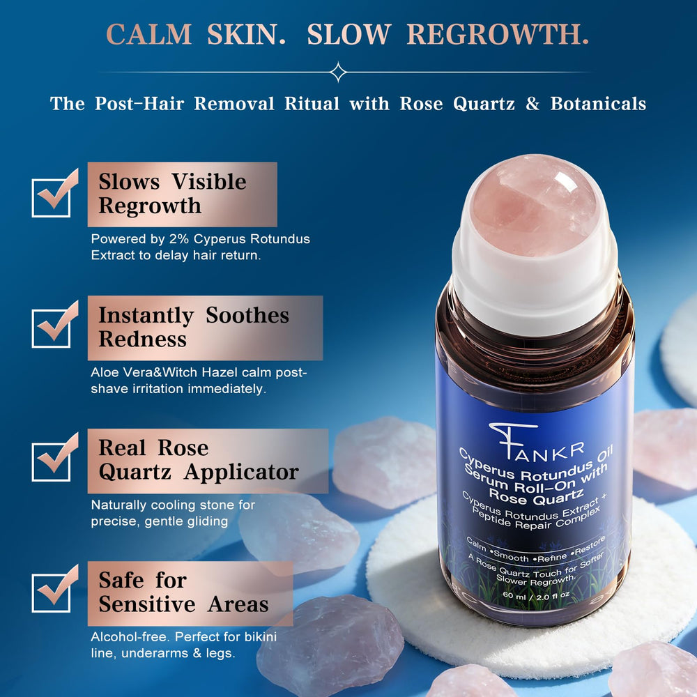 Fankr Cyperus Rotundus Oil Serum Rose Quartz roller enables precise application.