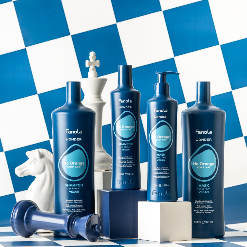 Fanola Wonder No Orange Blue Shampoo 33oz bottle ready for salon level maintenance at home