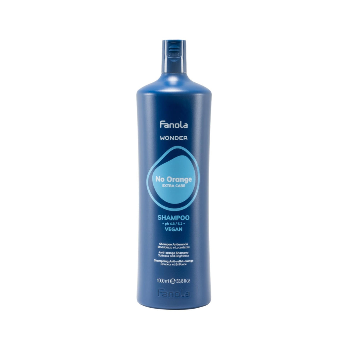 Fanola Wonder No Orange Blue Shampoo bottle tones color-treated hair and reduces brassiness