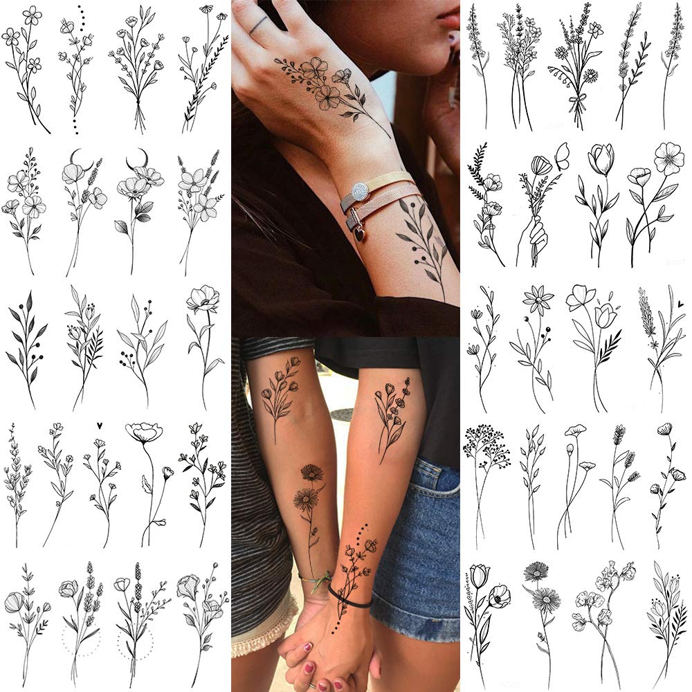 Tatuaje FANRUI bouquet floral realista para cuello y manos.