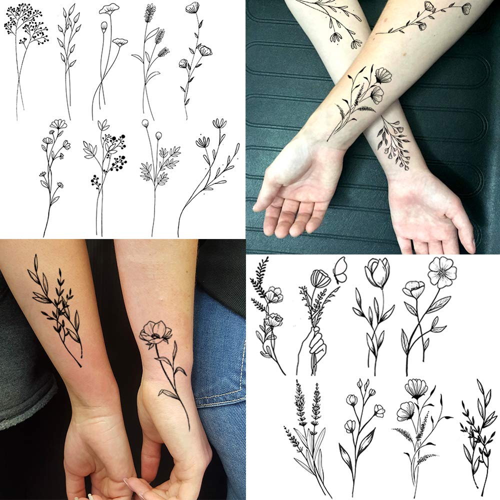 Tatuaje FANRUI dibujo floral mini en rama, discreto y contemporáneo.