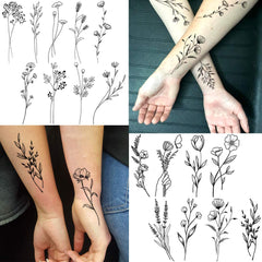 Tatuaje FANRUI dibujo floral mini en rama, discreto y contemporáneo.