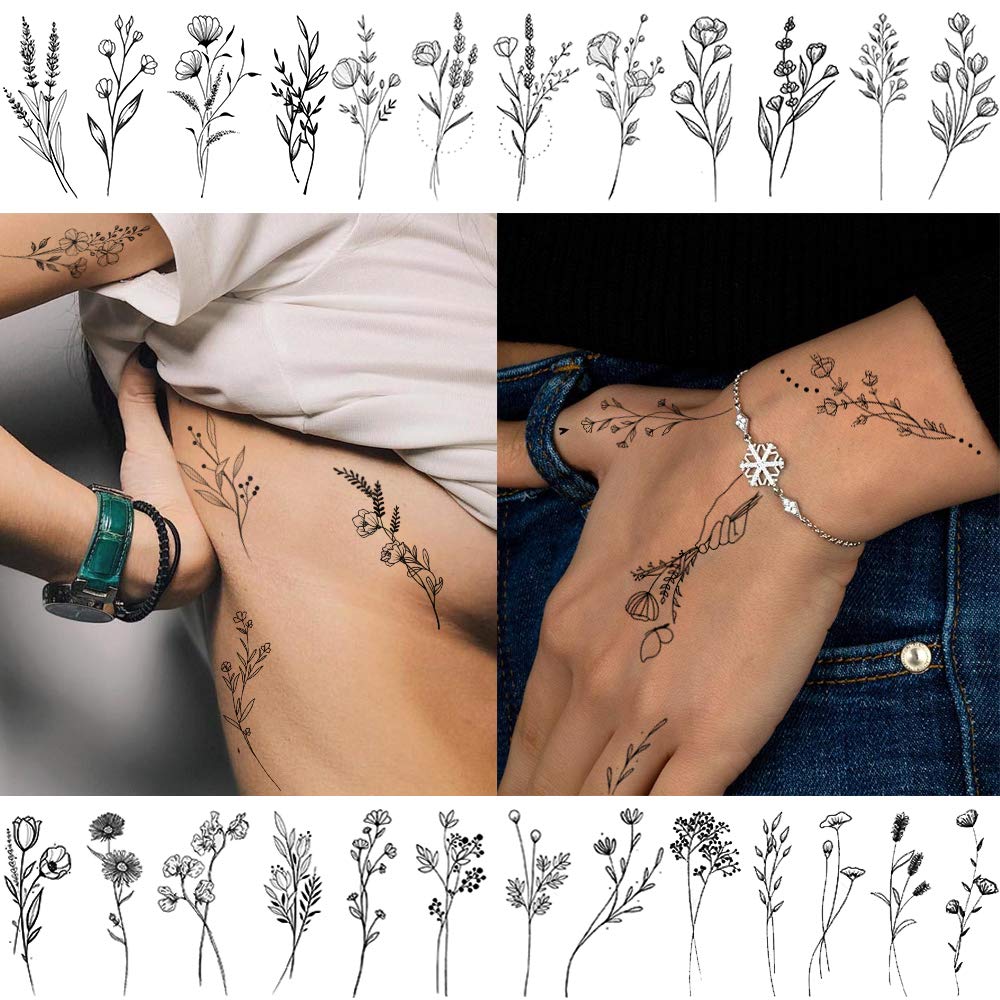 Tatuaje FANRUI rama negra con flor minimalista para maquillaje temporal.
