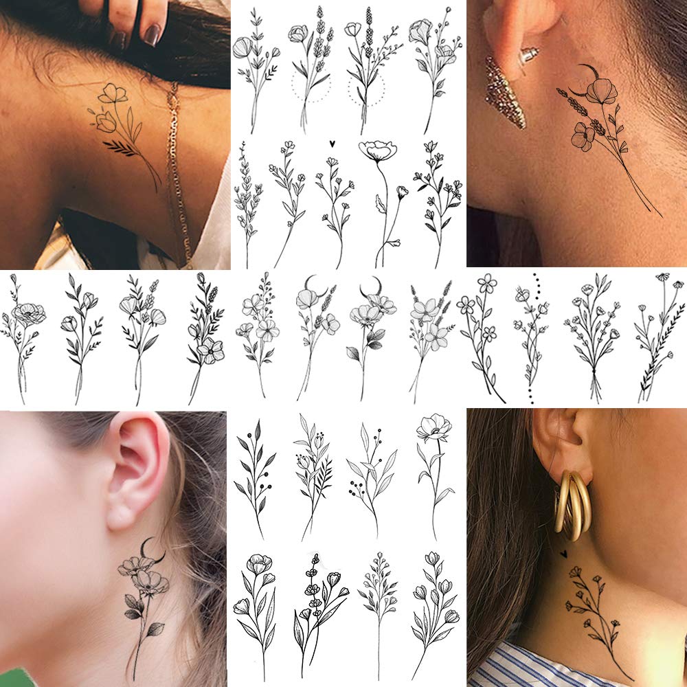 Tatuaje FANRUI ramita negra y lavanda, ideal para muñecas o clavícula.