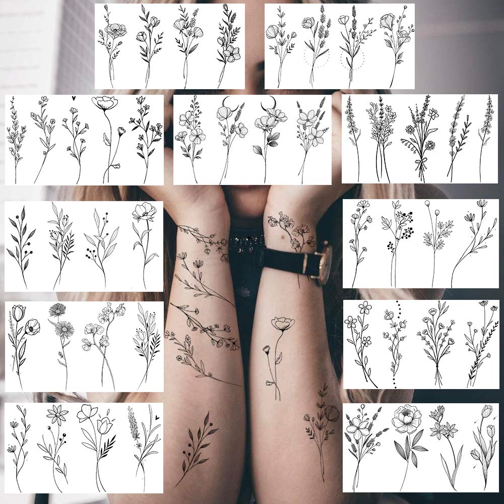 Tatuaje FANRUI ramita negra con flor lavanda, versátil para cuerpo.