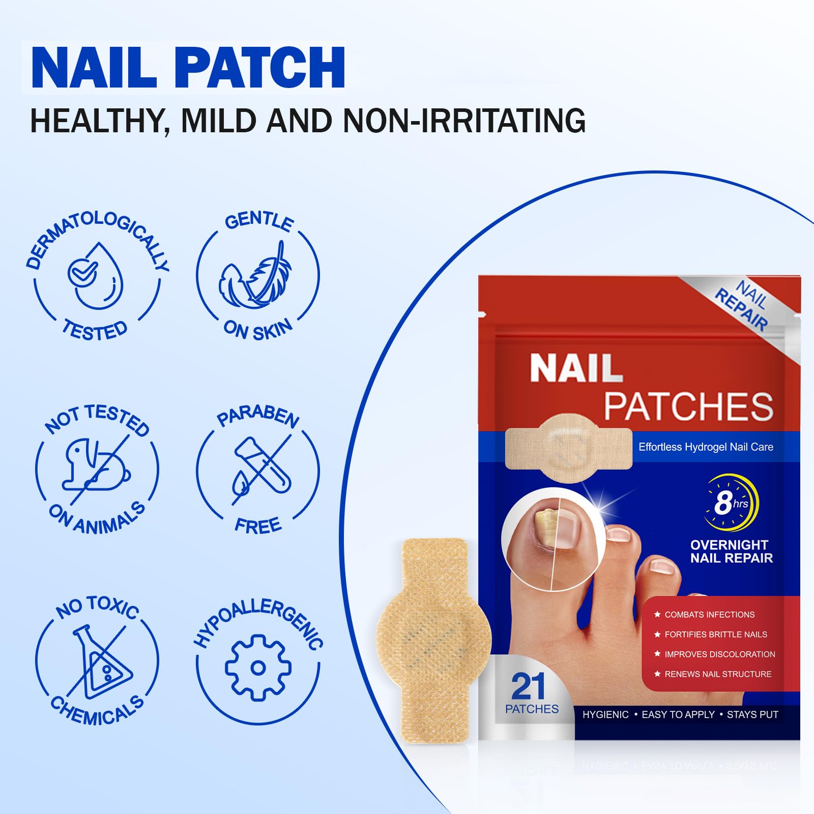 Applying FANSHI hydrogel patch to a damaged nail for overnight treatment.