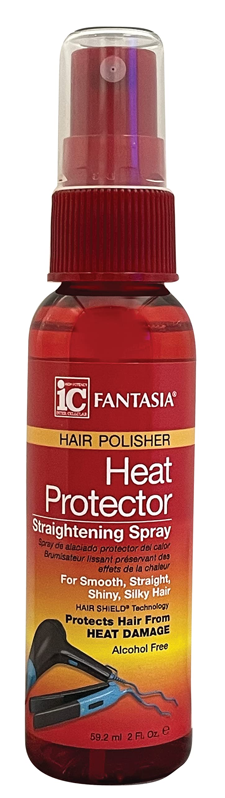 Fantasia IC heat protector bottle for frizz-free straightening and shine.