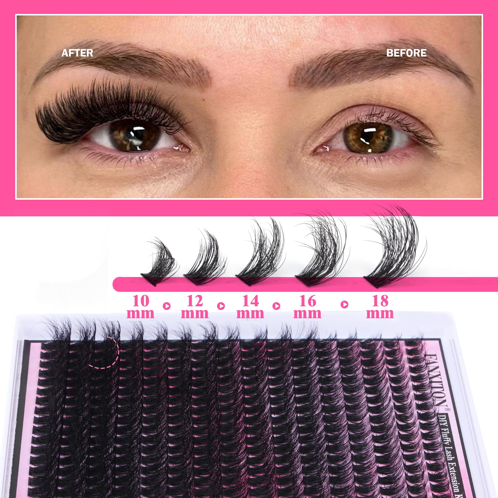 FanXiton 288-pcs lash clusters offer varied lengths for tailored eyelash styles.