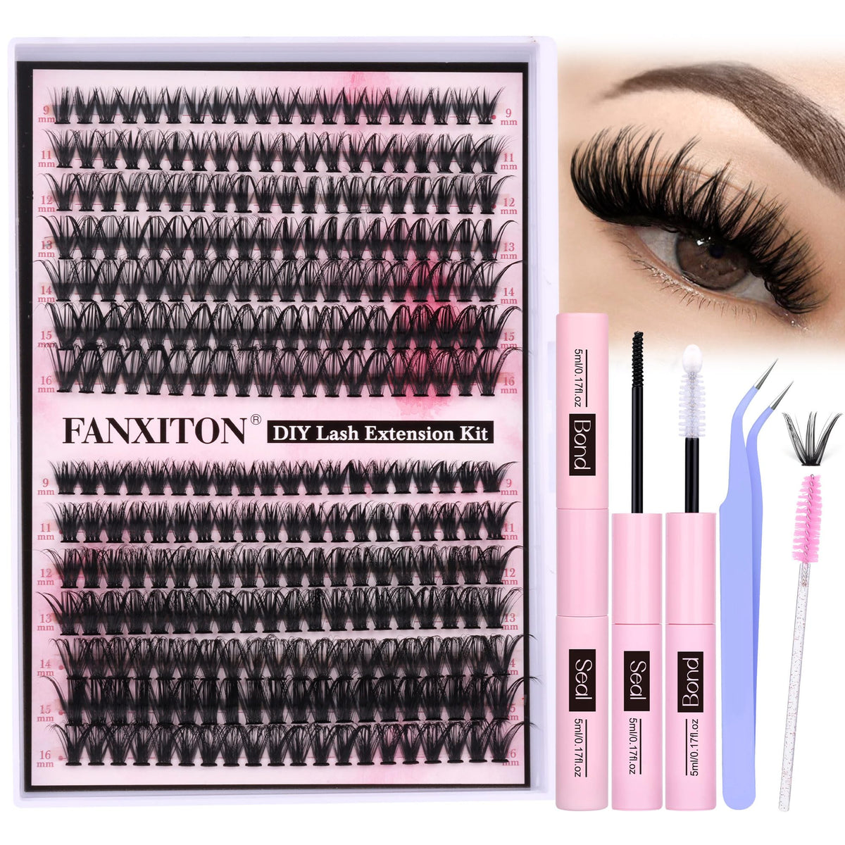FANXITON DIY cluster lashes kit for at-home lash extensions with soft mink-like fibers.