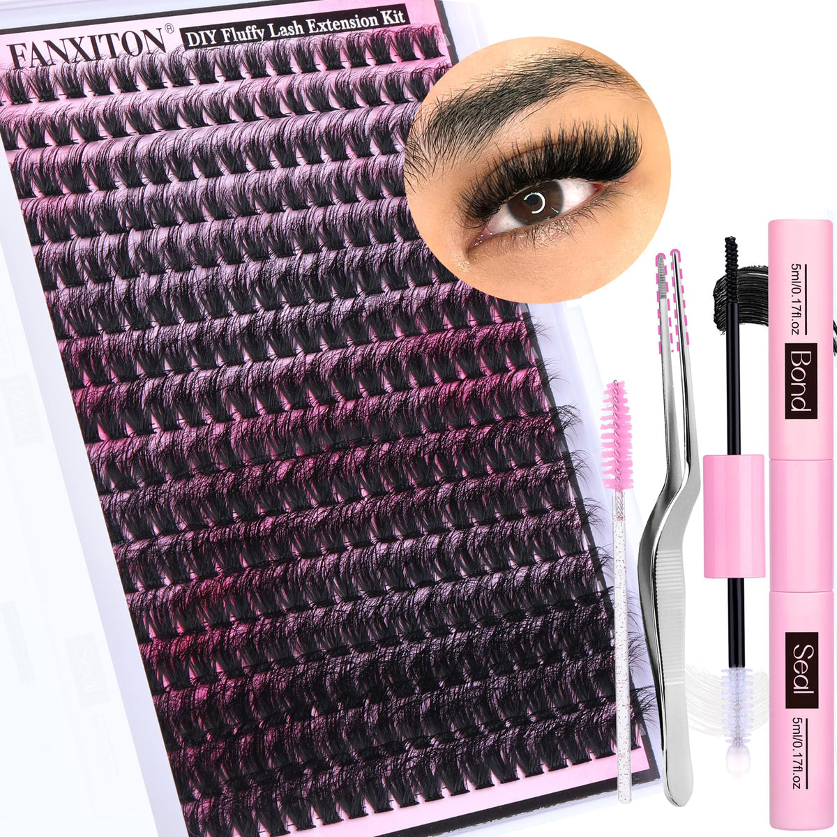 FanXiton DIY lash kit with 10-18mm clusters for a natural, customizable lash look.