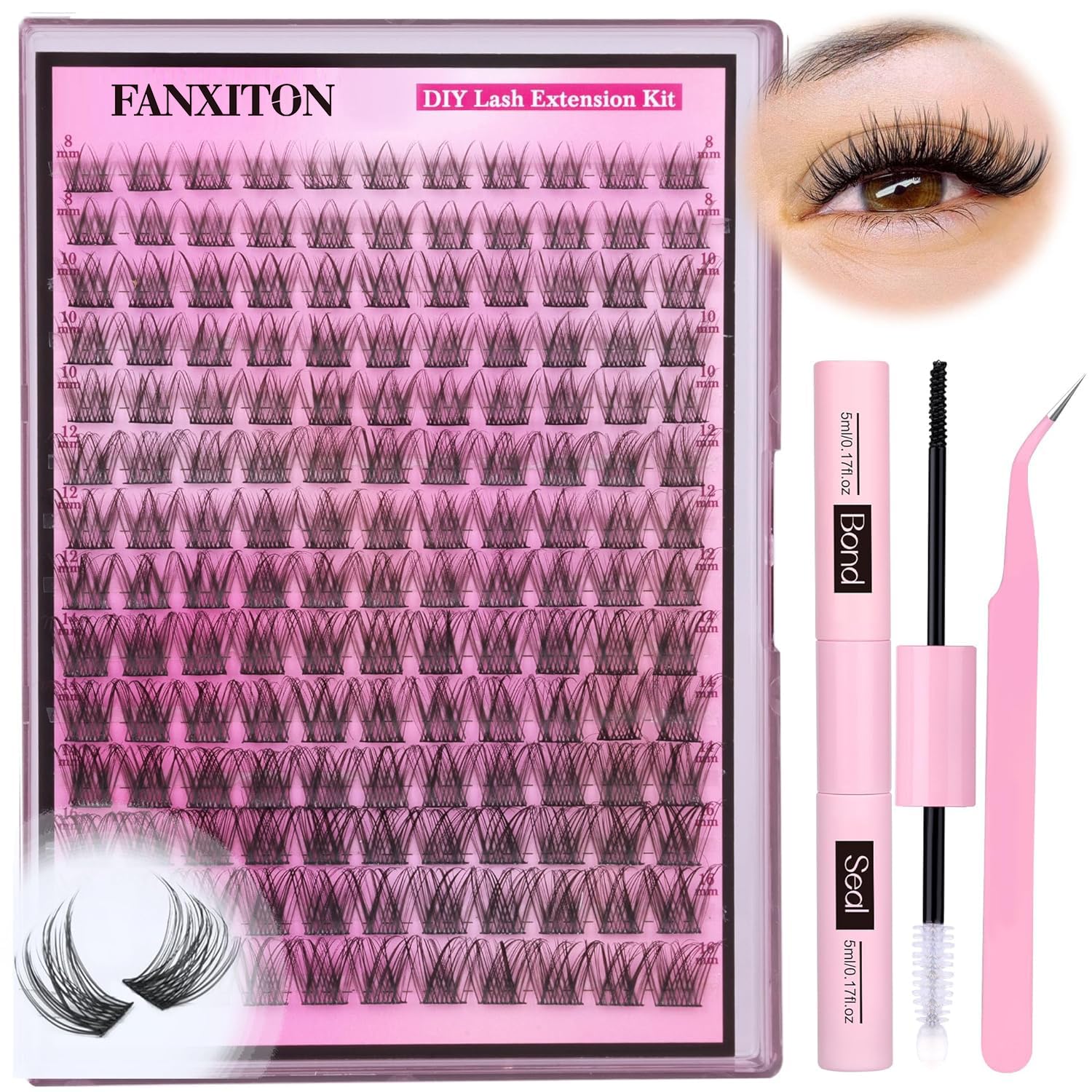 Fanxiton DIY lash extension kit close-up showing 154 lash clusters for natural fullness.