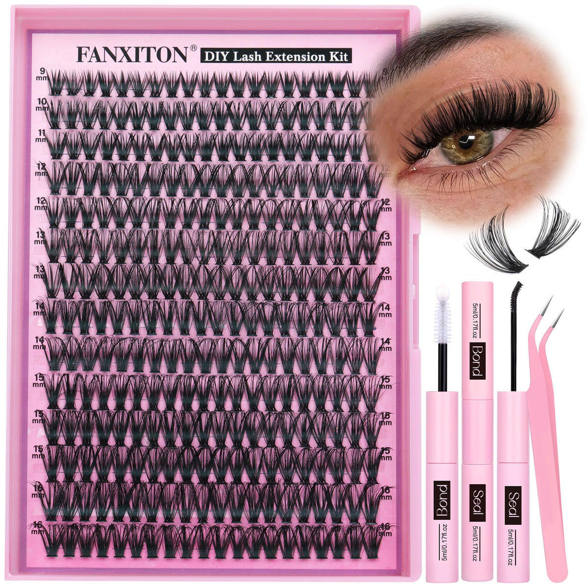 FanXITON DIY lash extension kit with 40D clusters for natural, lightweight volume.