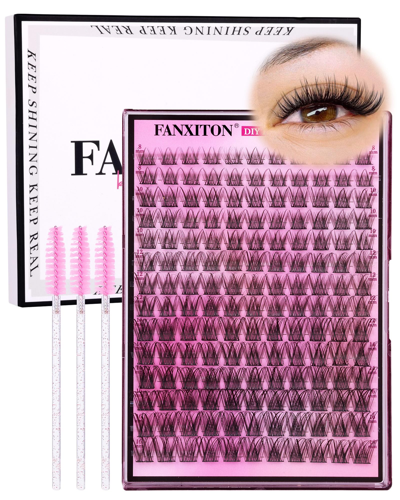 FANXITON DIY Lash Extension Kit close-up shows natural wispy clusters for subtle enhancement.