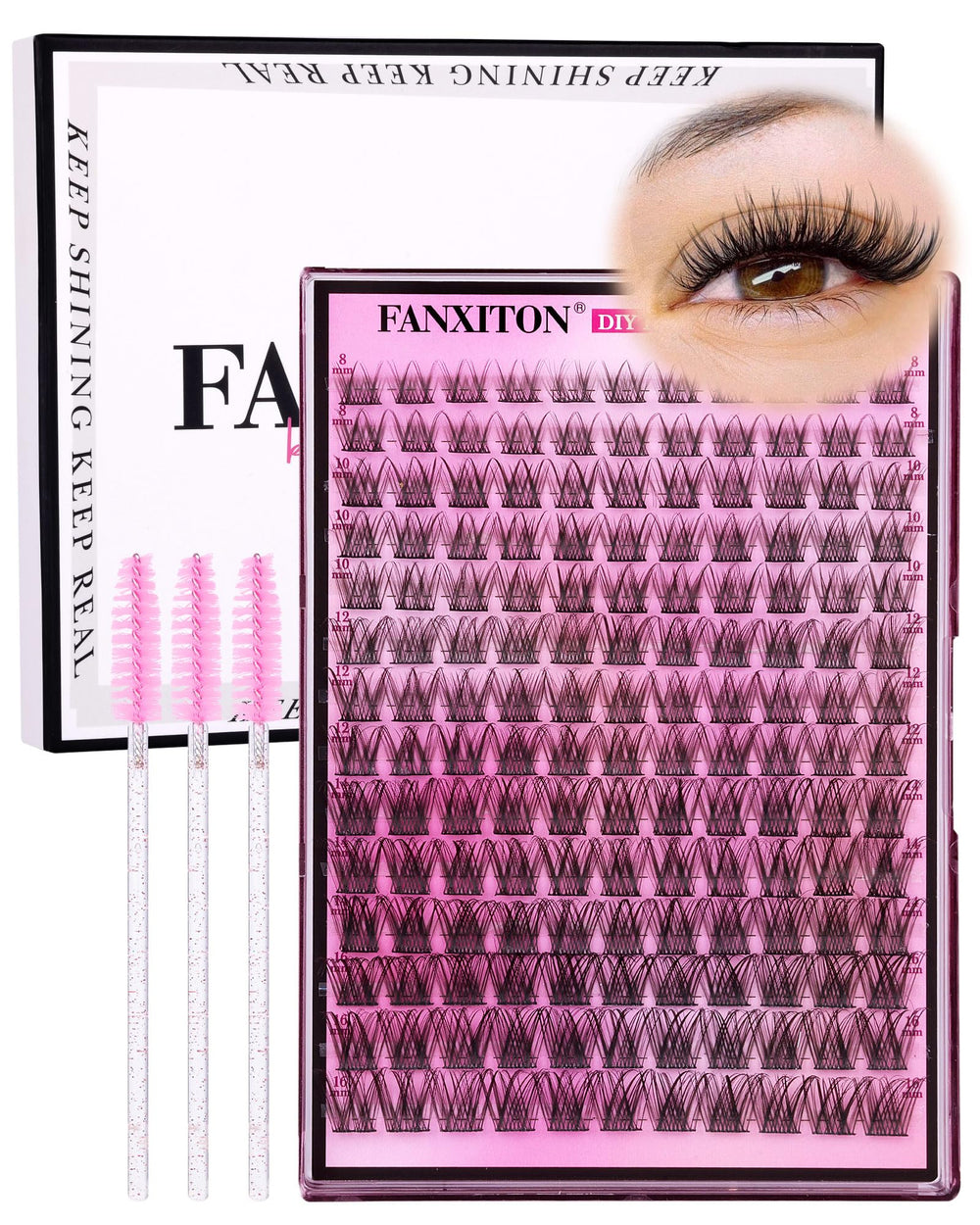 FANXITON DIY Lash Extension Kit close-up shows natural wispy clusters for subtle enhancement.