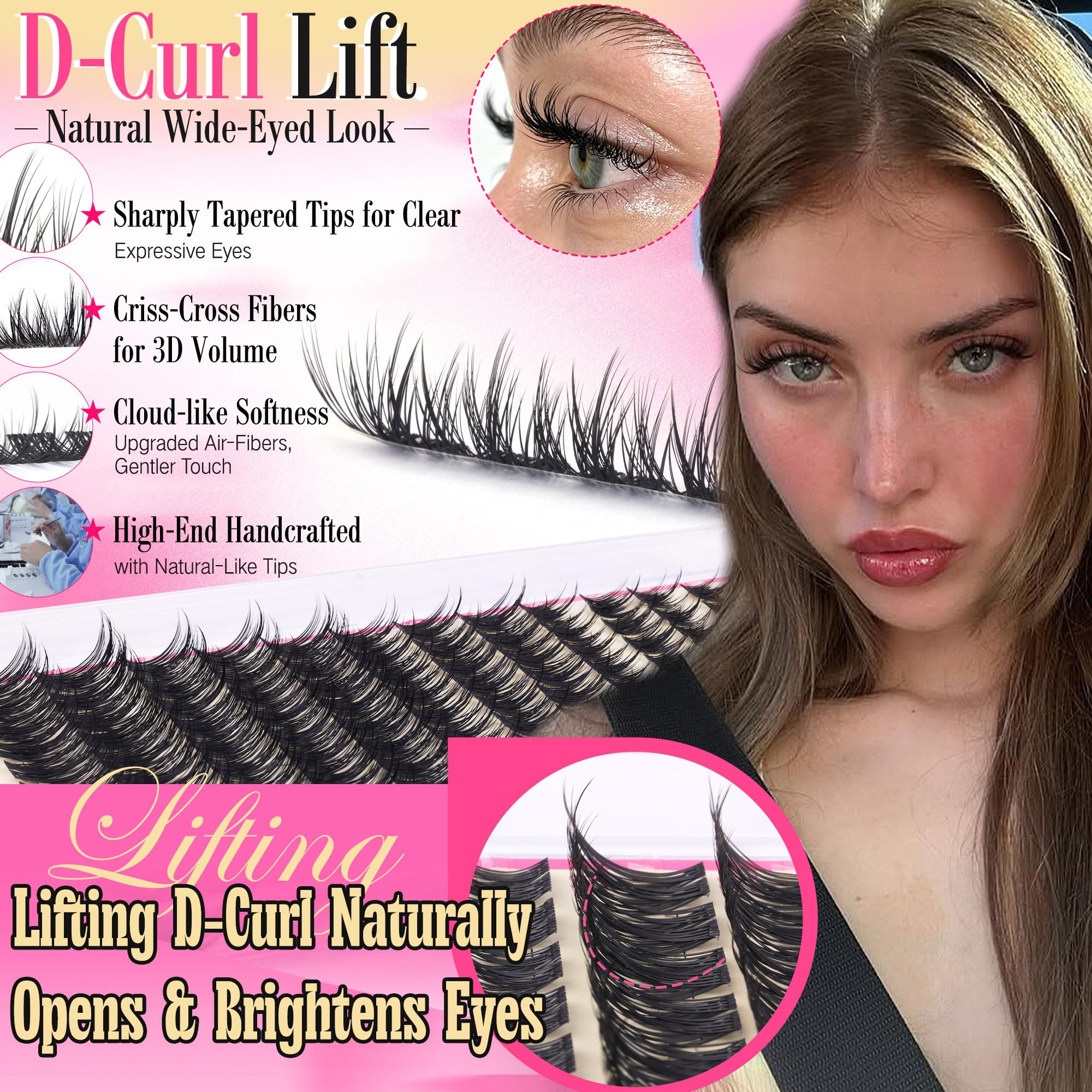 Fanxiton manga lash clusters kit clear bands closeup, natural blend with lashes.
