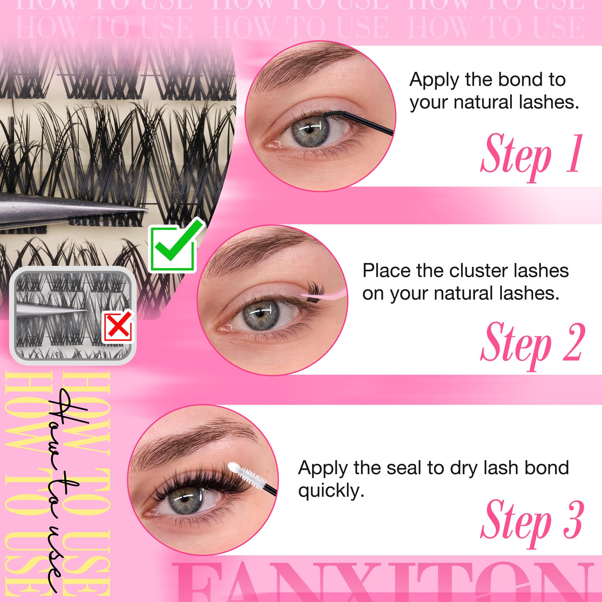 Fanxiton manga lash clusters kit lash brush included, precise placement and cleanup.
