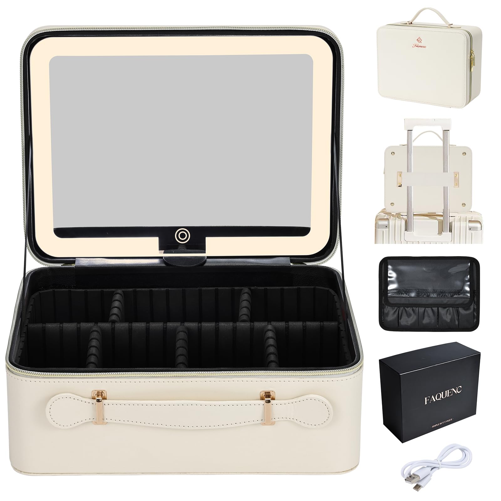 Faquenc leather makeup case with LED mirror provides clear lighting for precise on-the-go makeup